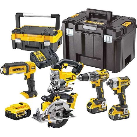 Dewalt – Pack de 5 outils électroportatifs 18V DCK551P3T – Perceuse DCD796, visseuse DCF887, scie DCS391, scie DCS331, lampe DCL050 – 3 batteries 5Ah et chargeur