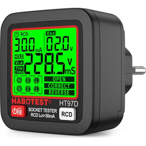 Testeur de Prises avec Test RCD, Testeur de Circuit Electrique, Automatique Détecteur de Tension de Polarité 30-260V, 6 Types de Diagnostics de Pannes, Affichage de Tension et de Fréquence (Prise EU) (1/5)