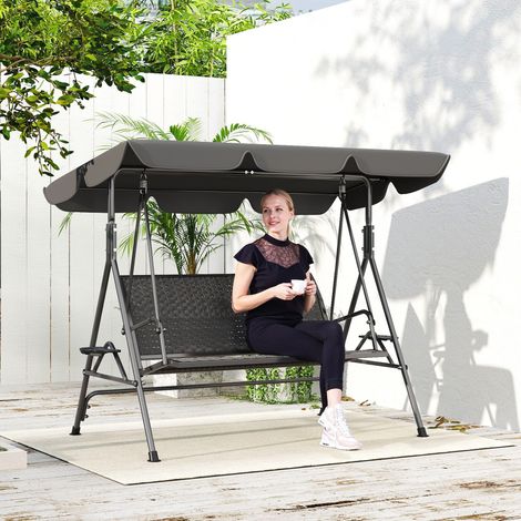 3-Sitzer-Gartenschaukel aus PE-Rattan und Stahl mit Sonnendach und Getränkehalter, 204 x 112 x 150 cm, Grau