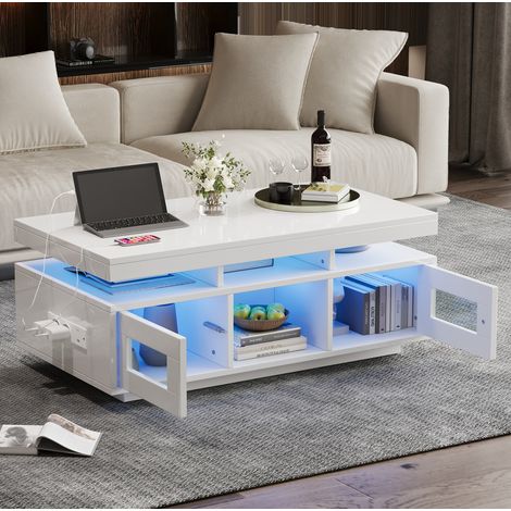 Mesa de centro 100 x 50 x 43 cm blanca con LED RGB, enchufe y puerto USB, almacenamiento, DESVIAE (1/5)