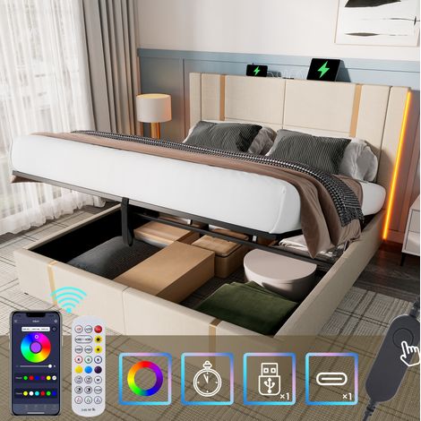 Cama doble 160x200 cm beige en lino con colchón, LED RGB, puertos USB-C y arcón elevable (1/5)