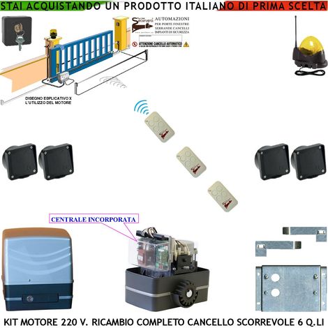 Kit Motore 230 V e Centrale Ricambio Cancello Scorrevole Traina 6 Q.li 3 Radiocomandi Faro Selettore 2 Coppie Fotocellule Incasso Pignone Acciaio M4Z12 Fine Corsa Meccanico Compatibile Altre Marche CE (1/4)