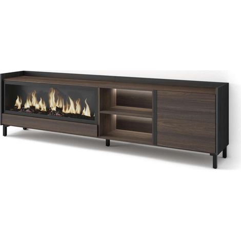 Mueble TV Parauta-01 de 212x61x35 cm con chimenea y luces LED, diseño industrial, color roble oscuro y negro (1/4)