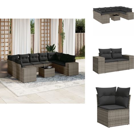 10-tlg. Garten-Sofagarnitur mit Kissen Grau Poly Rattan - Gartenmöbel - Esstischgarnitur - Rattan Möbel - Outdoor Set - Lounge Set (1/5)