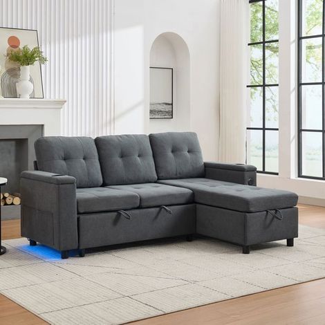 Lit banquette 208x146x89,5cm Canapé d'angle gris 3 places avec coffre de rangement, LED, USB et porte-gobelets (1/5)
