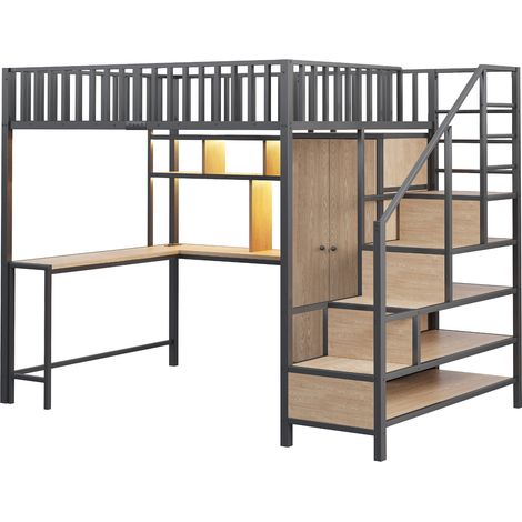 Lit mezzanine en métal 140 x 200 cm avec bureau, étagère, armoire et tiroirs, avec échelle de rangement et garde-corps de sécurité, complet avec prise de charge et éclairage LED, noir (1/5)