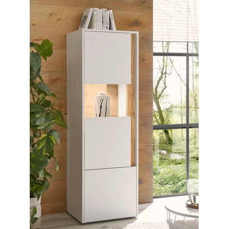 Vitrinenschrank inkl. LED-Beleuchtung CRISP-61 in weiß mit Absetzungen in Wotan Eiche Nb., B/H/T: ca. 50/155/40 cm (1/5)