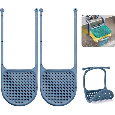 Paquet de 2 Porte éponges pour évier de Cuisine, Support d'éponge à Ventouse réglable en Silicone pour éponges, épurateurs, Savon, Cuisine, Salle de Bain (Paquet de 2, Bleu Denim) (1/5)