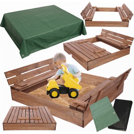 MODO24 Bac à sable en bois de jardin 120x117 cm, couvercle 2-en-1, bancs dossier, agrofibre incluse, avec bâche 2x2 m, marron imprégné