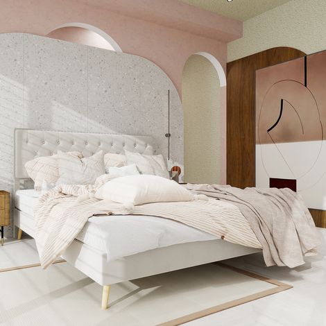Cama doble para adulto de 160x200 cm, cabecero tapizado, somier de láminas, sin colchón - estilo minimalista moderno, terciopelo, beige (1/5)