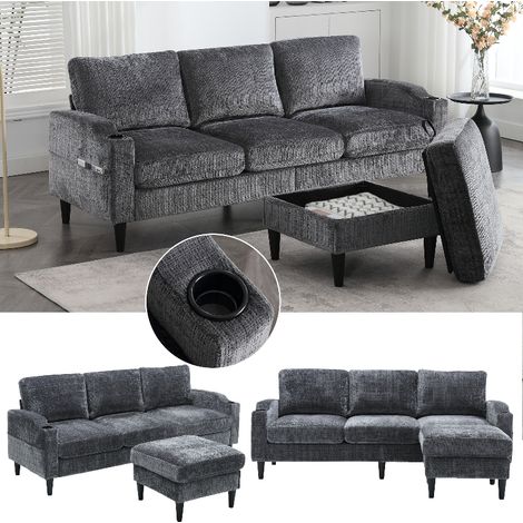 4-Sitzer Sofa mit Hocker und Stauraum, Modulares Chenille Samtsofa mit Getränkehalter & Seitentaschen, Wohnzimmer Couch, 196,5x75x77 cm (1/5)