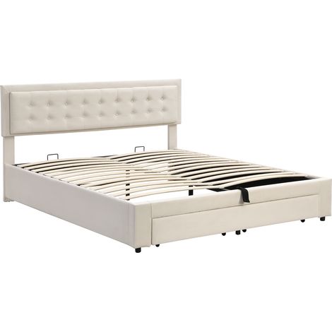 Beiges Samt-Boxspringbett 160 x 200 cm mit Bettkasten und verstellbarem Kopfteil (1/5)