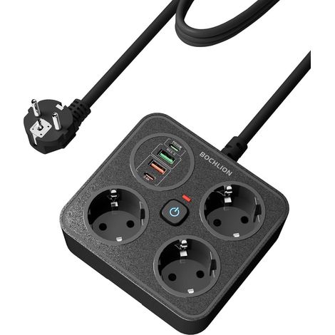 Multiprise avec 4 USB, 3 Prises Multiprise avec Interrupteur et Parafoudre, Prise Multiple Multiprises Murale avec PD20W et QC3.0, Câble 1.8m 3250W/13A pour Bureau Cuisine-Noir (1/5)