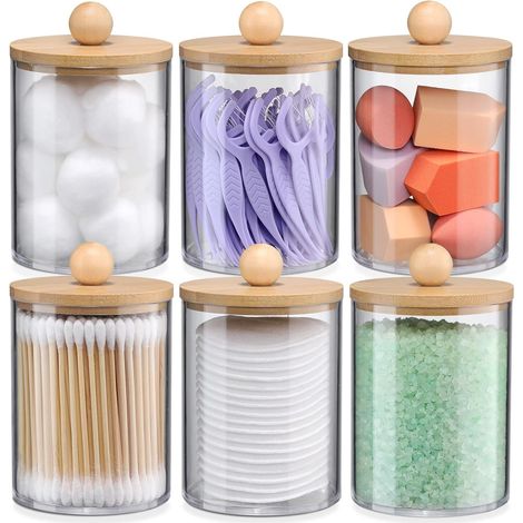 Transparente Aufbewahrungsbox für Wattestäbchen, 7,2 x 7,2 x 10,7 cm, mit 6 runden Wattepads zum Abschminken und Bambusdeckel. (1/5)