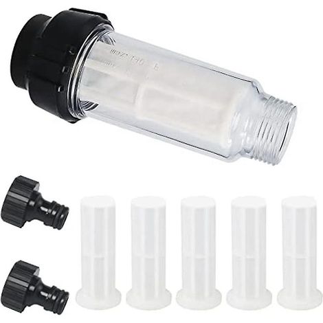 Filiyano-Tuyau d'arrosage avec filtre à eau, préfiltre à eau de 3/4 pouce, ensemble de filtration avec 5 inserts filtrants + 2 raccords rapides (1/5)