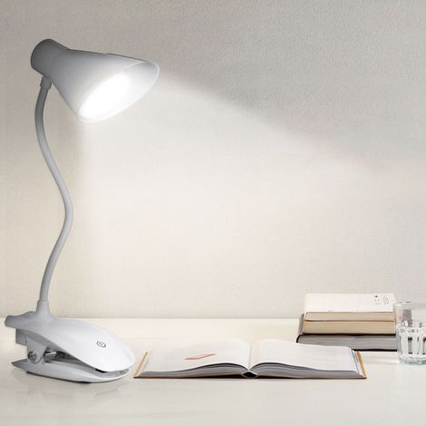 Lampe de lecture à pince LED, alimentée par piles ou rechargeable par USB, lampe de chevet tactile à intensité variable, lampe de bureau portable offrant une bonne protection des yeux. (1/4)