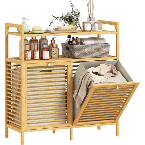 Étagère à linge avec 2 paniers à linge, étagère autoportante en bambou pour salle de bain ou buanderie, bois naturel et blanc crème (1/5)