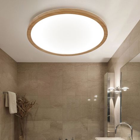 Lampada da soffitto bagno chiaro aspetto legno lampada da soggiorno plafoniera retroilluminazione LED, IP44, opale satinato, 1x LED 24W 2300lm 3000K bianco caldo, DxH 42x2,5 cm