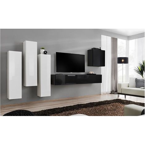 Ensemble meuble TV mural  - Switch III - 330 cm  x 160 cm x 40 cm - Blanc et noir - Livraison gratuite