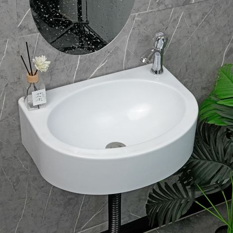 Évier de salle de bain mural de 45 x 34 cm, installation sans perçage, autocollant avec trou de robinet de 3,2 cm, éviers de salle de bain flottants pour toilettes, lavabo en plastique pour maison (1/5)