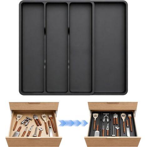 Organizzatore per utensili da cucina con cassetto estraibile e regolabile, contenitore in plastica per spatole/utensili, 4 scomparti, 37,7x30x5,3 cm. (1/5)