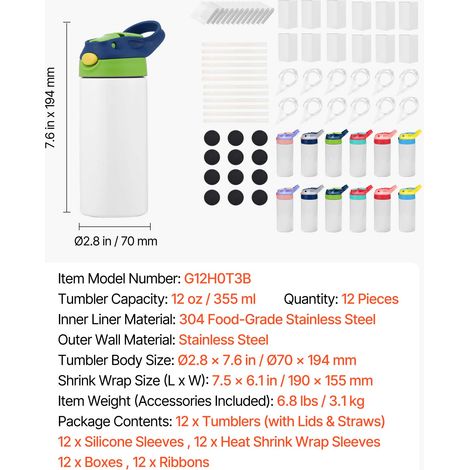 VEVOR Sublimation Tumblers, 12 Pack, 12 oz Kids Sublimation Water Bottles, Food-Grade Stainless Steel Cups with Lids and Straws, Double Wall Insulated Tumbler Blank, for DIY Personalized Customization (1/4)