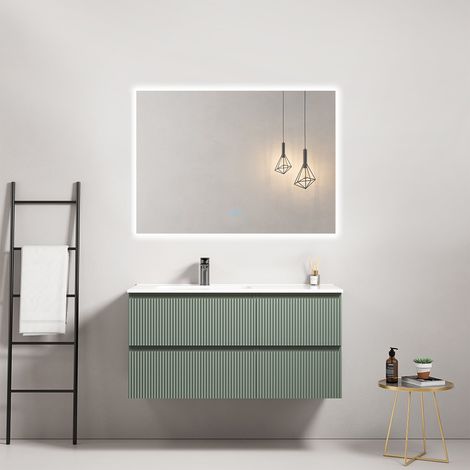 Mobile bagno sospeso cannettato 100 cm Verde Salvia Lavabo a Sinistra in Ceramica Specchio Quadro Retroilluminato - Fiji Paint (1/4)