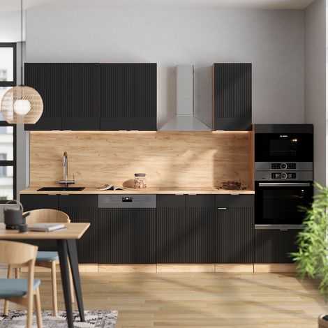 Mueble de cocina Fame-Line, Rayas negras/roble dorado, 300 cm con armario alto, sin encimera, Vicco