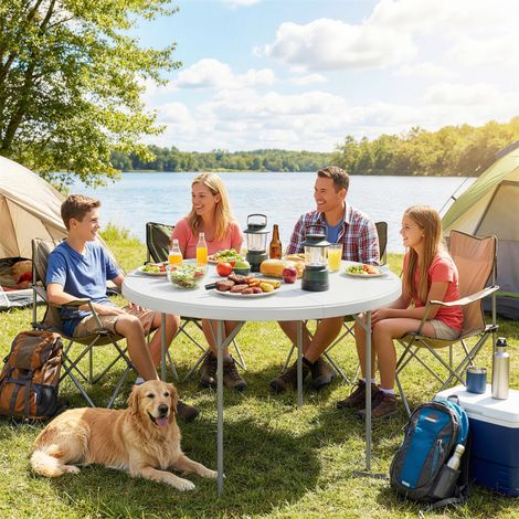 Table camping pliante Blanc ronde métal/HDPE 120x120x74 cm