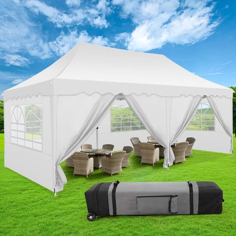 3x6m Tonnelle Pliante de Jardin Imperméable Réglable Anti-UV, Barnum pliant avec Sac de Transport pour Parking, Camping, Festival - 6 Parois latérales amovibles - Blanc (1/5)
