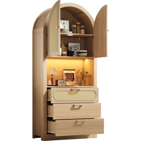 Vitrina con 2 Puertas, 1 Nicho, 2 Estantes, 3 Cajones y LED para Salón, en MDF, Blanco y Roble Claro, 80×35×180 cm (1/5)