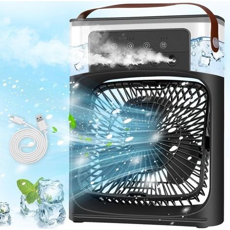 Condizionatore d'aria portatile, mini raffrescatore d'aria, mini ventilatore condizionatore, ventilatore raffrescatore d'aria con 3 velocità, timer, 7 luci LED, modalità nebulizzazione (nero) (1/5)