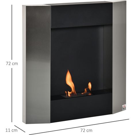 Poêle à bioéthanol mural (réservoir de 0,7 L, convient aux surfaces jusqu'à 20 m²), en acier, 72 x 11 x 72 cm, argent et noir. (1/5)