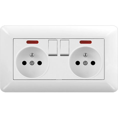 Double Prise Murale Type 146 avec Interrupteurs et Voyants  16A 220-250V Verre Blanc  Maison & Bureau