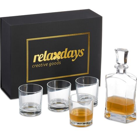 Relaxdays Set da Whisky, Caraffa da 700 ml, 4 Bicchieri da 345 ml, Decanter da Cognac, Confezione Regalo, Trasparente