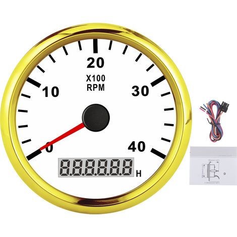 Compteur bateau pointu 85mm LCD numérique 4000 tr/min, rétroéclairage rouge, étanche IP67, 12V/24V, cadran blanc, couvercle doré (1/5)