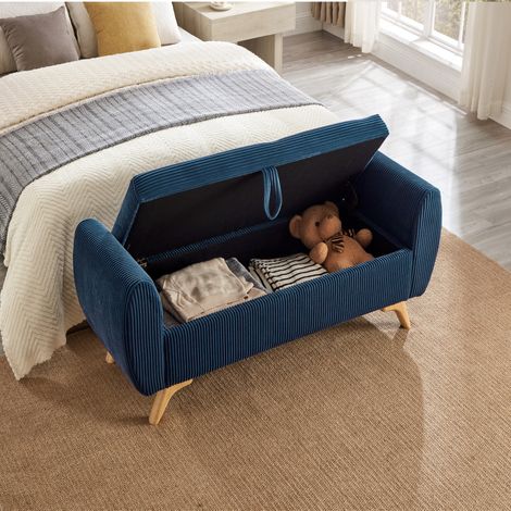 Banc de Rangement Pliable, avec Coffre, Pieds en Bois et Charge 150 kg, pour Chambre et Entrée, Velours Côtelé, Bleu (1/5)