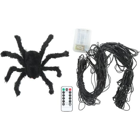 Guirlande LED Toile d'Araignée - Décor d'Halloween Étanche avec Télécommande et Araignées Noires - Lumière Blanche Chaude (1/5)
