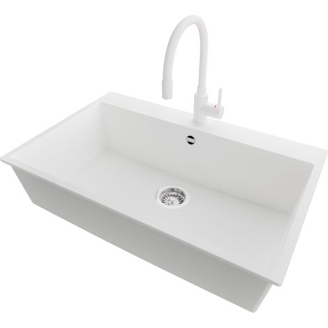 PRIMAGRAN Evier Cuisine en Granit 78x50cm,Lavabo 1 bac + Robinet 38x14cm + Kit de Vidage, Évier à Encastrer au meuble 80cm - Riga, Blanc (1/5)