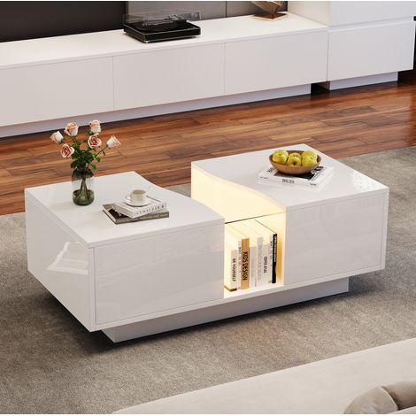 Table basse MDF blanc brillant avec LED et 2 tiroirs, 100 x 50 x 35 cm (1/5)