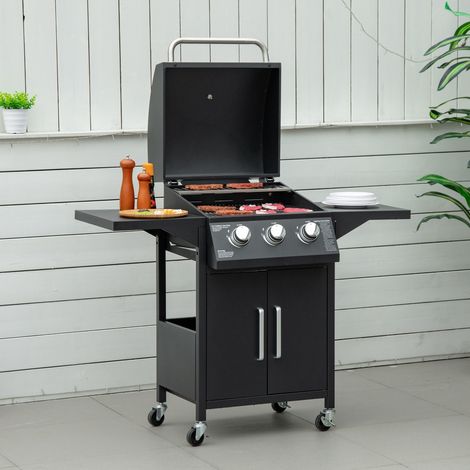 Barbacoa de Gas con 3 Quemadores 8,7 KW con 2 Mesas Laterales Armario de 2 Puertas 4 Ruedas y Frenos 121x55x109 cm Negro (1/5)