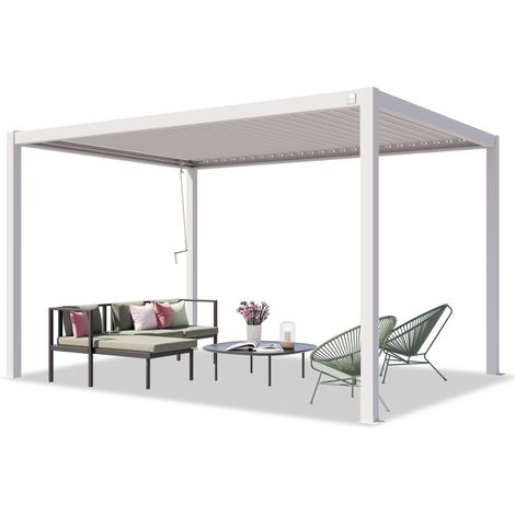 PRIMEYARD Pergola 3x4 m Aluminium-Pfosten mit Lamellendach aus Stahl weiße Terrassenüberdachung