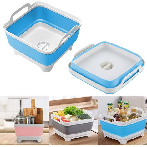 Évier pliable multifonction carré de 9 L pour laver la vaisselle, les légumes et les fruits, avec bouchon de vidange et bassin de rangement portable (bleu) (1/5)