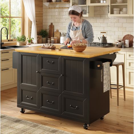 Isola da cucina con ruote 120 x 73 x 93 cm, pieghevole, 2 ante, 5 cassetti DESVIAE (1/5)