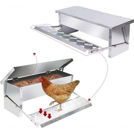 Comedero para pollos, dispensador de alimento, comedero para pollos de acero galvanizado, comedero automático para pollos con pedal a prueba de ratas, tapa impermeable para aves, patos, pollos (1/5)