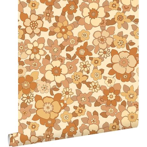 papier peint fleurs rétro jaune et orange - ESTAhome (1/5)