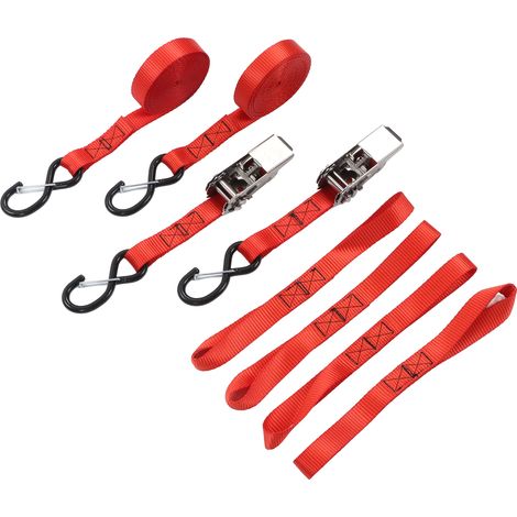 Ortviai Sangle de fixation à cliquet rouge 5 m – Charge de travail 800 kg, polyester renforcé, avec 2 crochets en S et 4 boucles