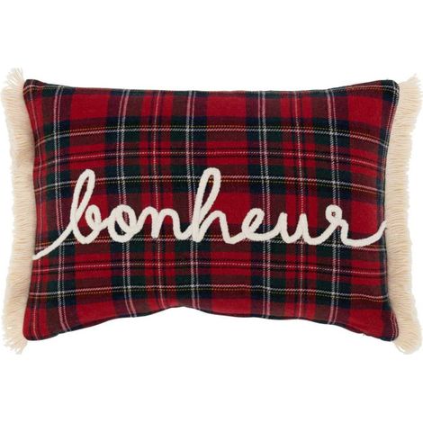 Coussin Déco à Carreaux "Bonheur" 30x45cm Rouge (1/5)