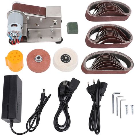 Mini levigatrice a nastro elettrica, levigatrice a potenza regolabile, tagliabordi, mini kit smerigliatrice a nastro da banco, multifunzione a 7 velocità con disco lucidante per la lavorazione del leg