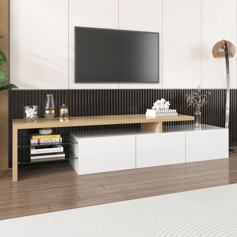 Mueble TV moderno blanco brillante con almacenamiento acabado madera estantes cristal y LED (1/5)